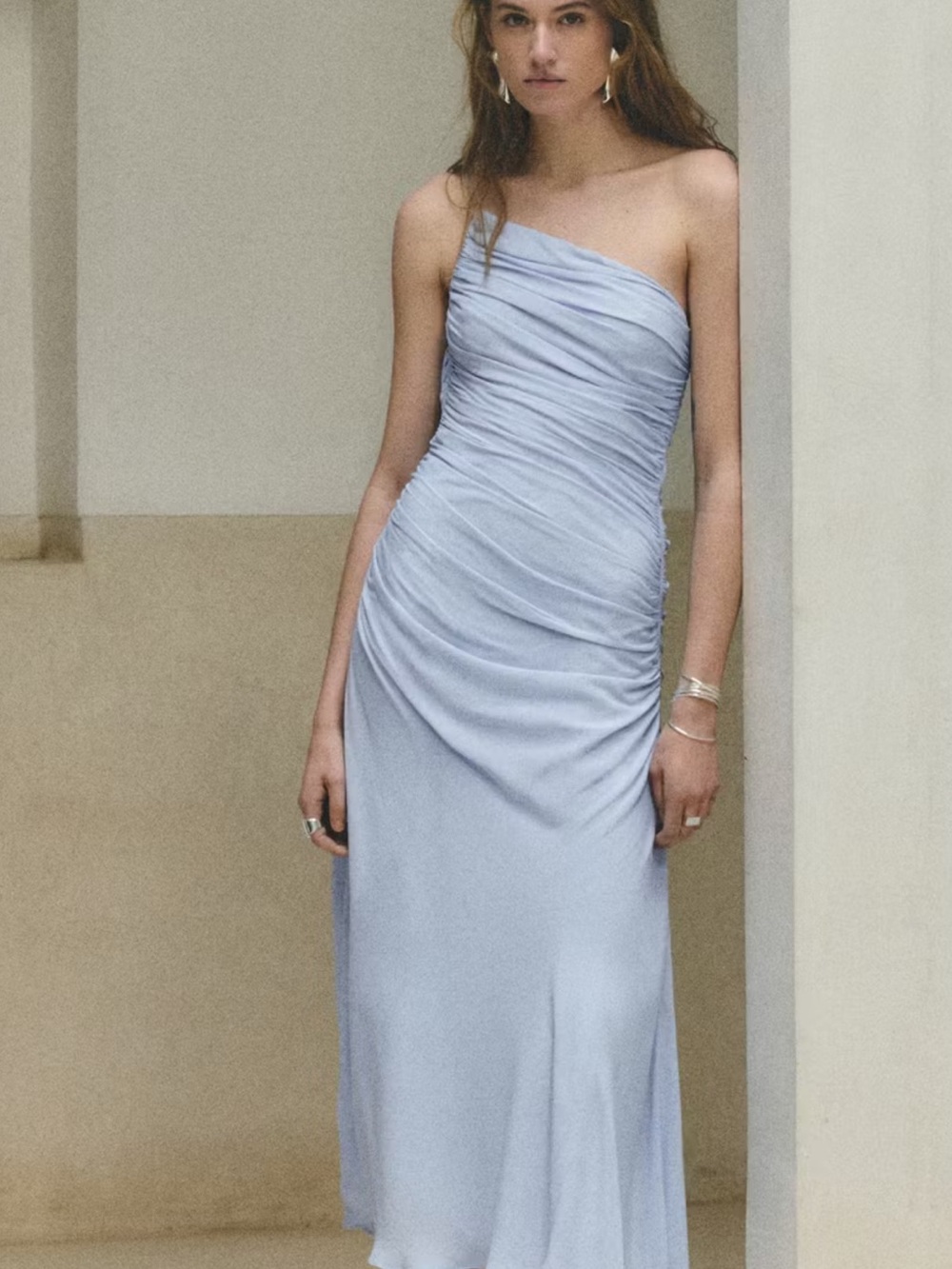 Mango asymmetrical Light Blue Ruched Strapless Evening Dress